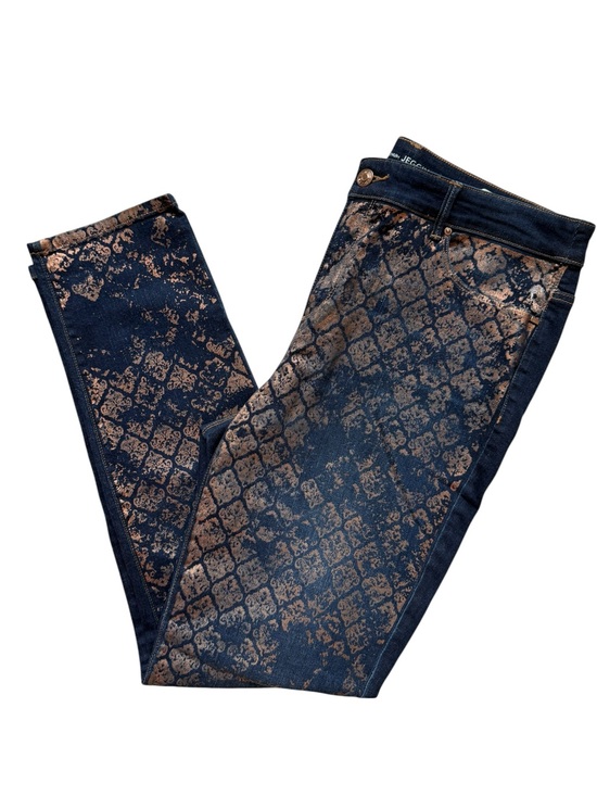 Chico's Denim - Chico’s the Platinum Jegging Dark Denim Wash Metallic Bronze Foil Stamp Large 12